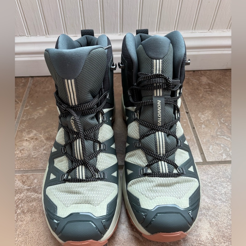 Salomon Trail Mid-Height Ultra 360 Hiking Boots in Sage Green, Gray & Coral 11.5